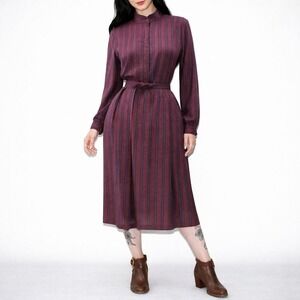 70s Vintage Paisley Skirt Set Womens M Berry Blue Boho Belted Long Sleeve Outfit